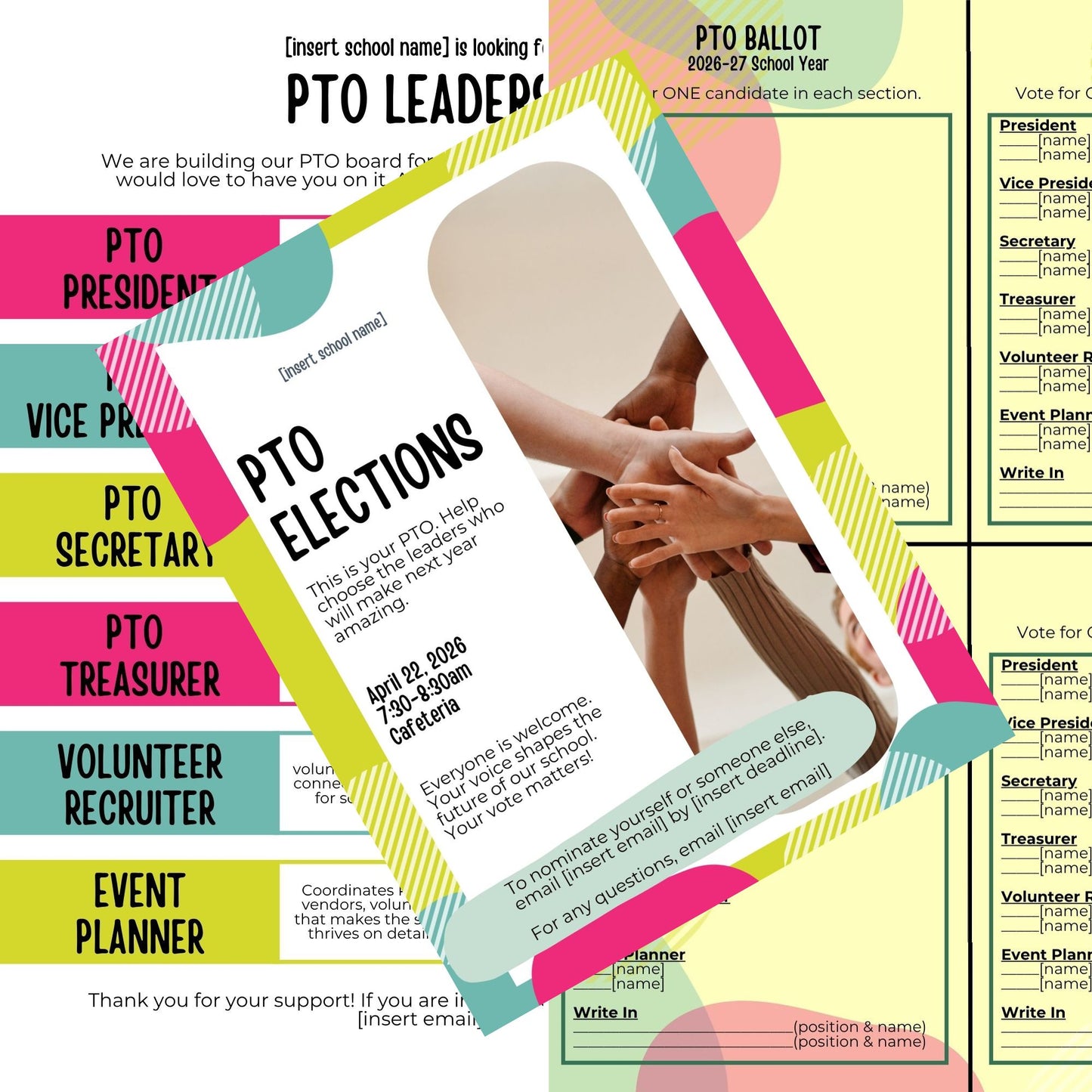 PTO and PTA Election Day Template Set. Flyer, Board Roles, and Printable Ballot