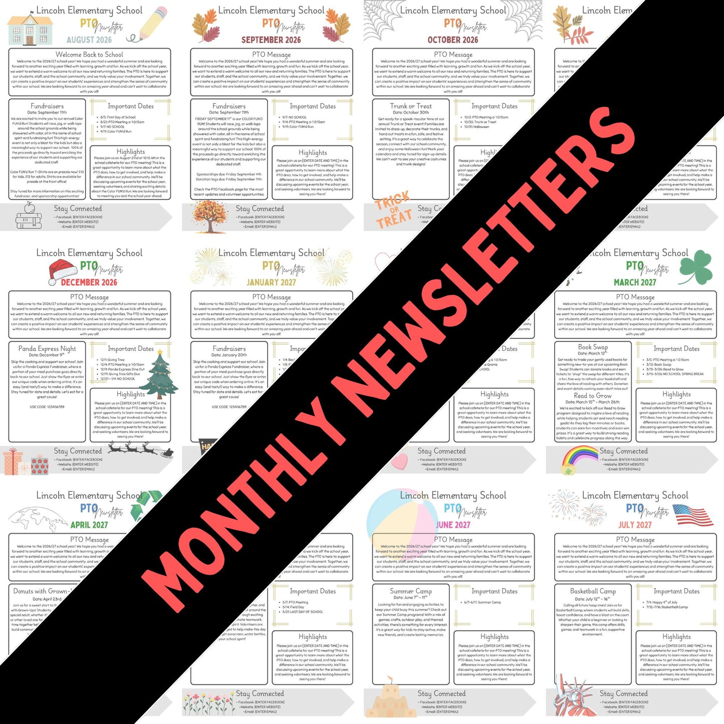 Monthly PTO Newsletter Templates. 12 Editable Canva Designs
