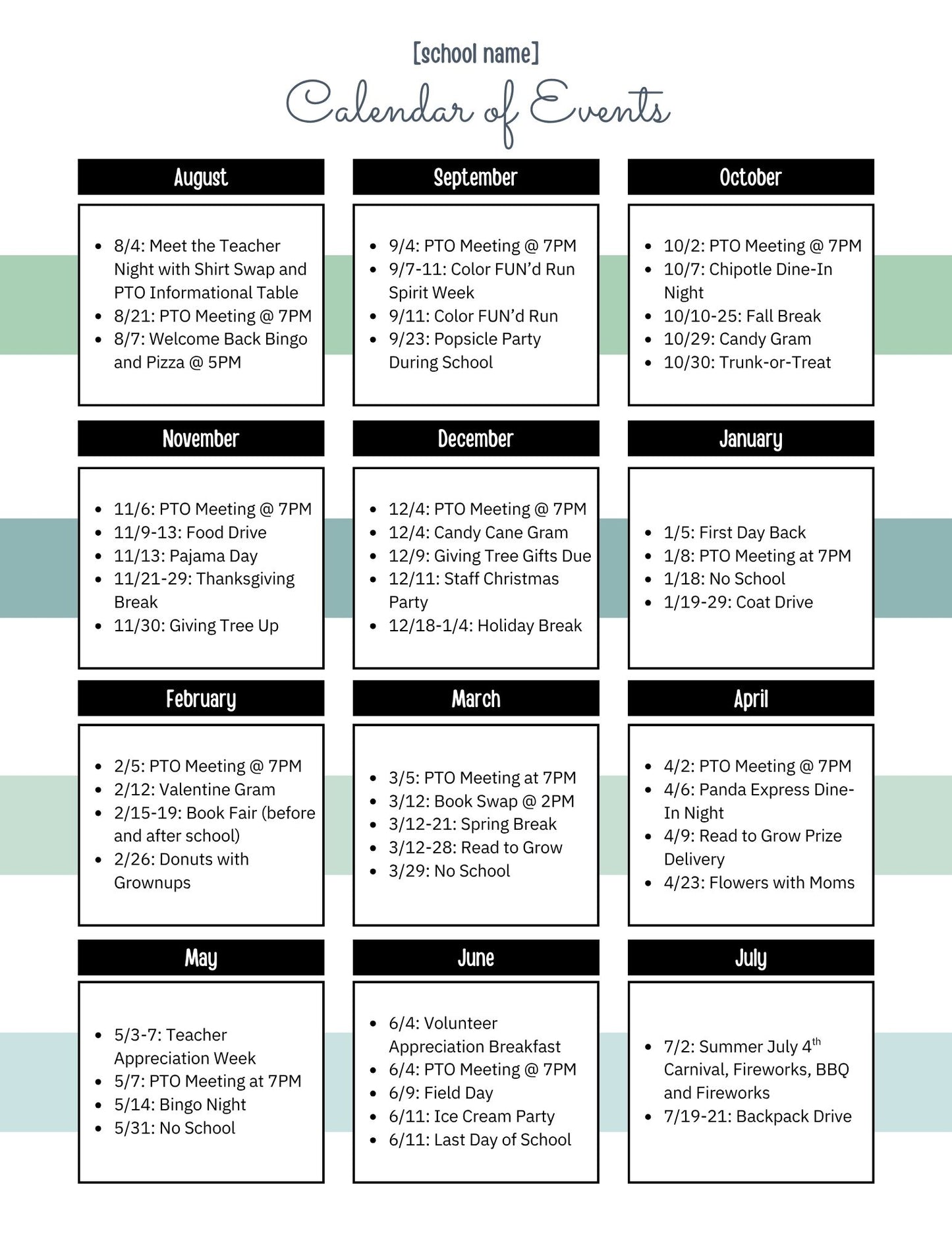 School Year Event Calendar for Families. A PTO and PTA Communication Template