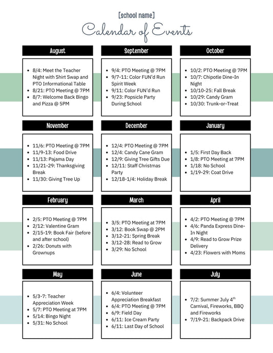 School Year Event Calendar for Families. A PTO and PTA Communication Template