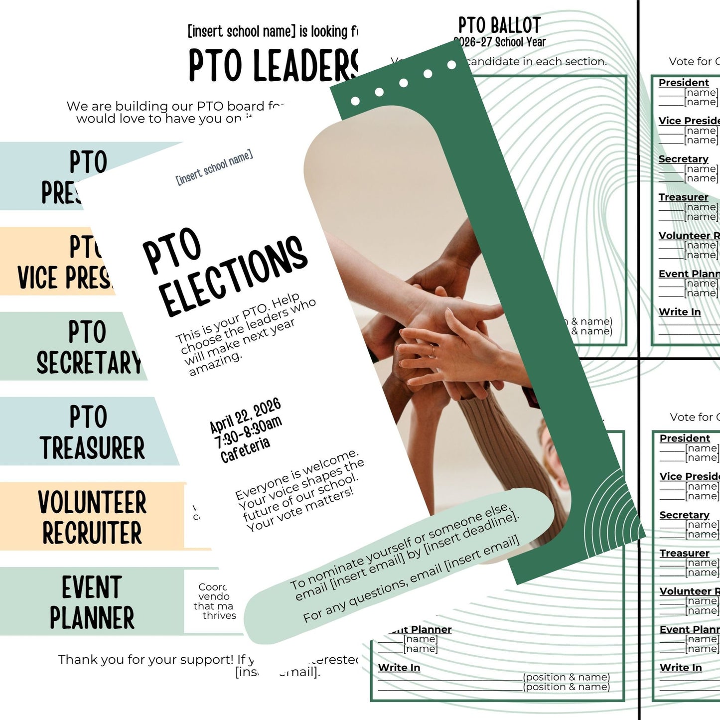 PTO and PTA Election Day Template Set. Flyer, Board Roles, and Printable Ballot