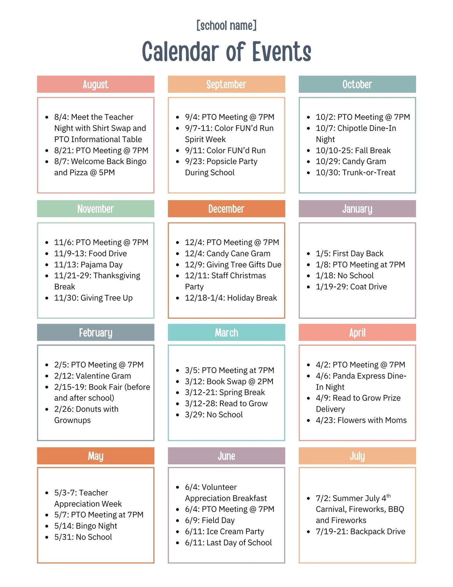 School Year Event Calendar for Families. A PTO and PTA Communication Template