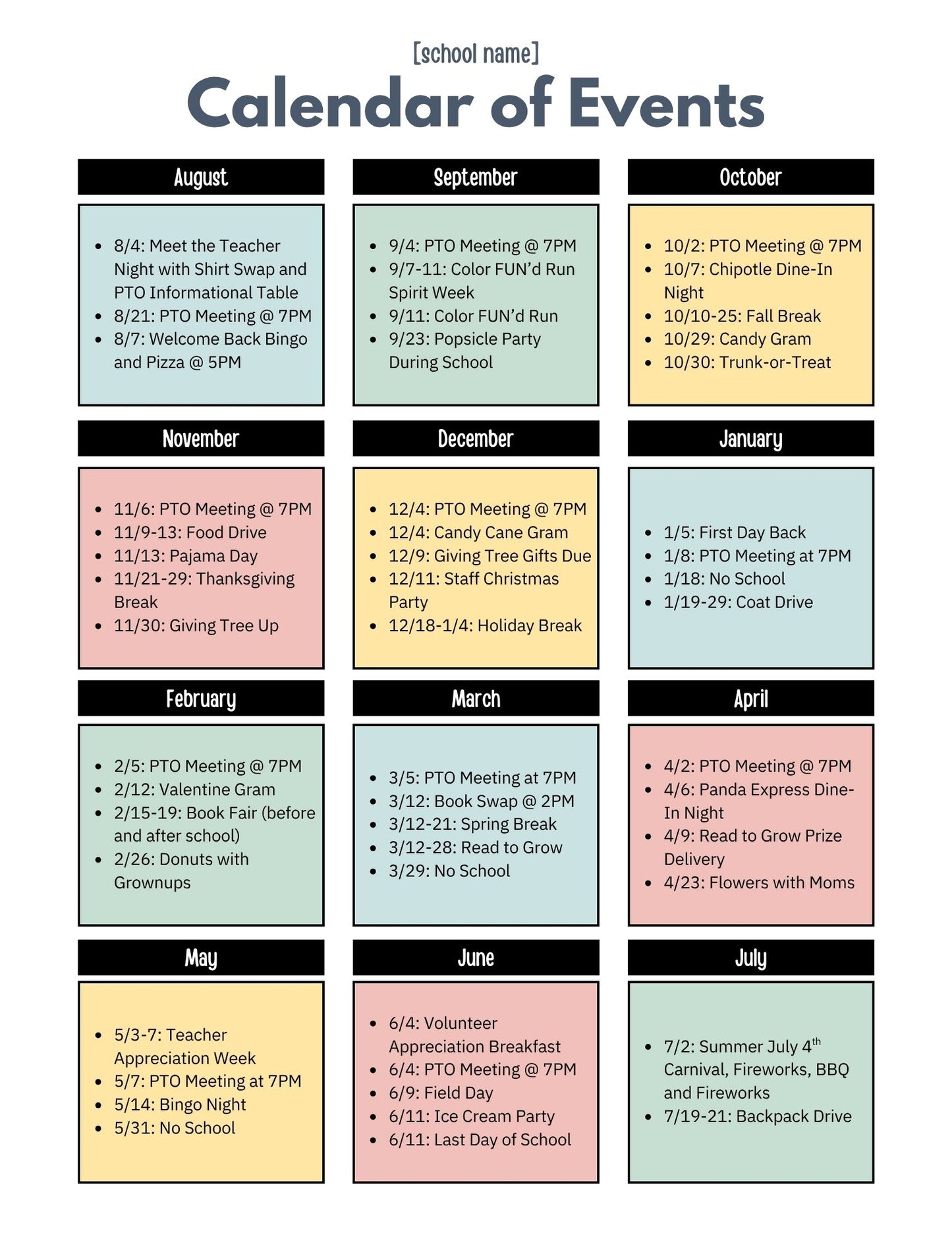 School Year Event Calendar for Families. A PTO and PTA Communication Template