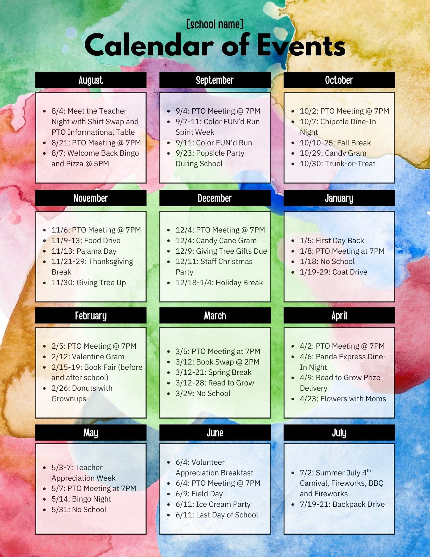 School Year Event Calendar for Families. A PTO and PTA Communication Template