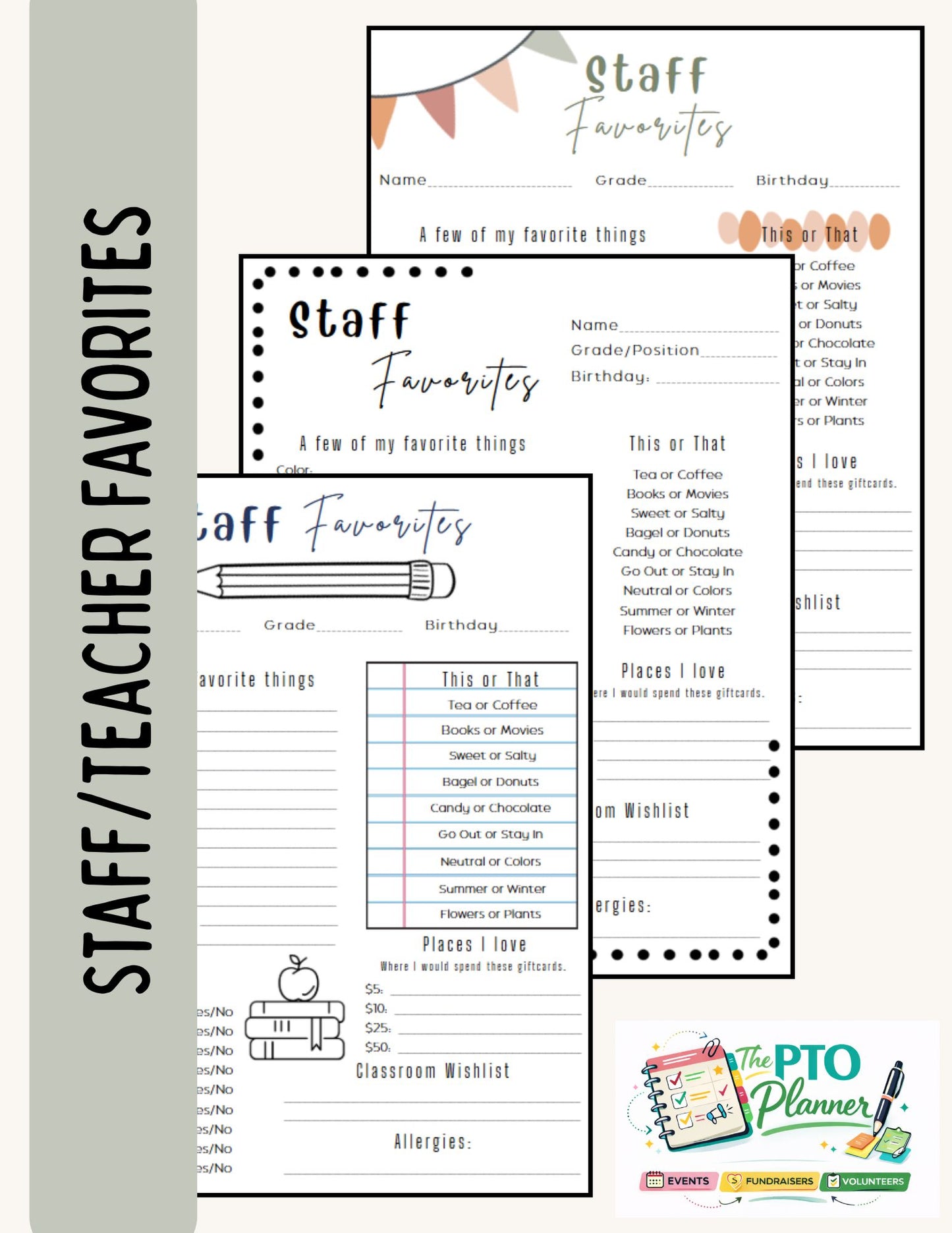 Staff and Teacher Favorites. 3 Editable Canva Templates for PTOs