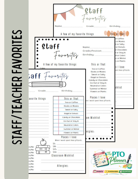 Staff and Teacher Favorites. 3 Editable Canva Templates for PTOs