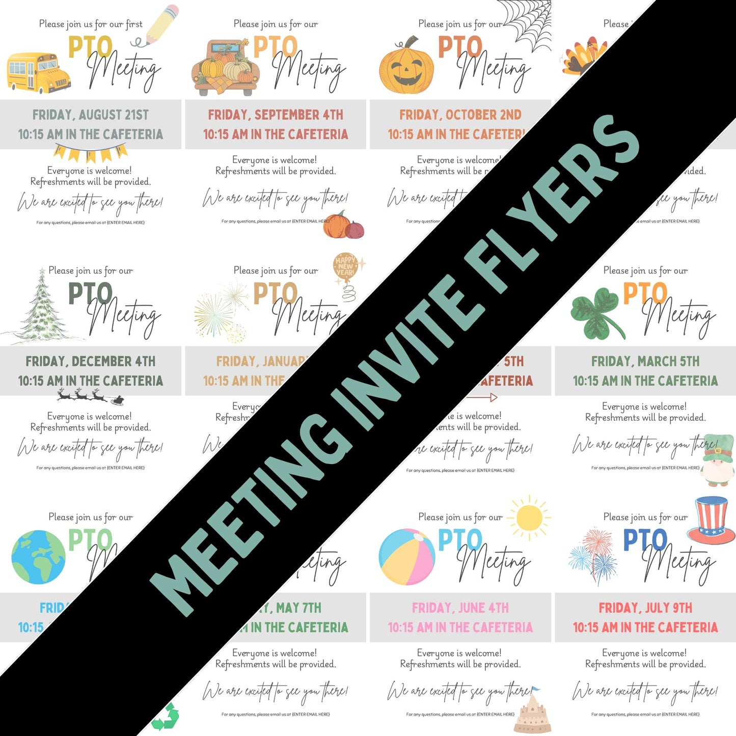 Monthly PTO Meeting Flyers. 12 Seasonal Canva Templates