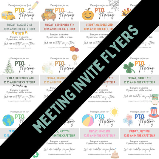 Monthly PTO Meeting Flyers. 12 Seasonal Canva Templates