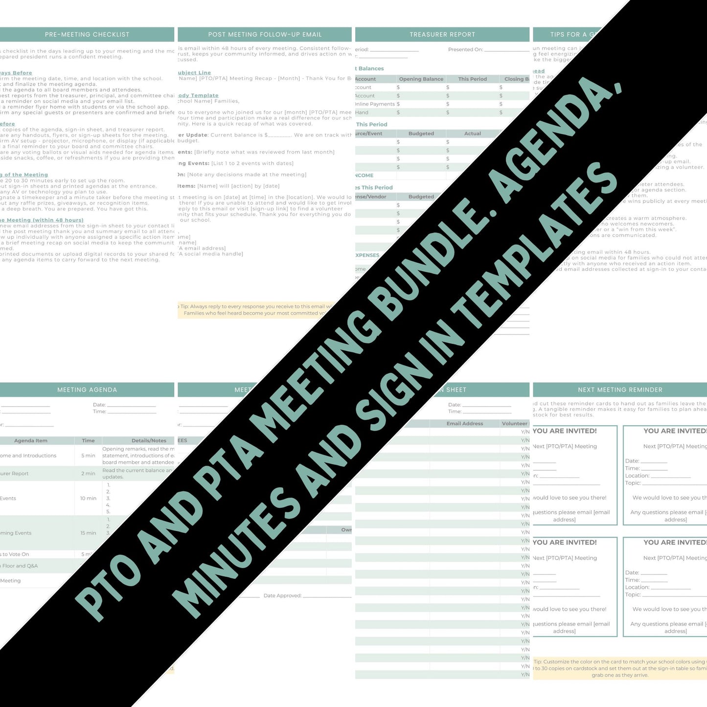 PTO and PTA Meeting Bundle. Agenda, Minutes and Sign In Templates